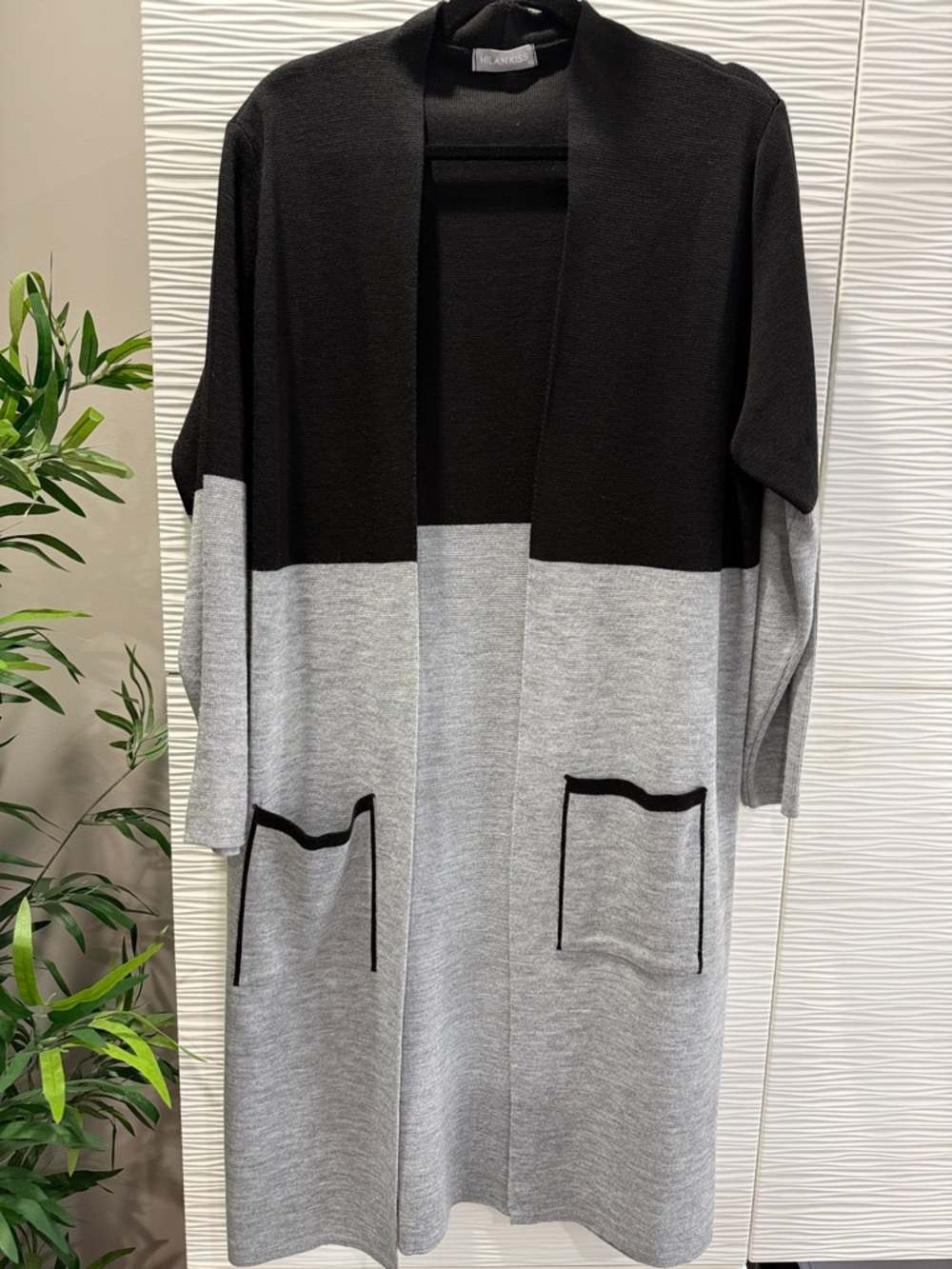 Black & Light Gray Open Front Long Cardigan